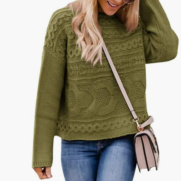 NWT Solid Olive Army Green Cable Knit Thick Chunky Bell Sleeve Pullover Sweater - Picture 2 of 4